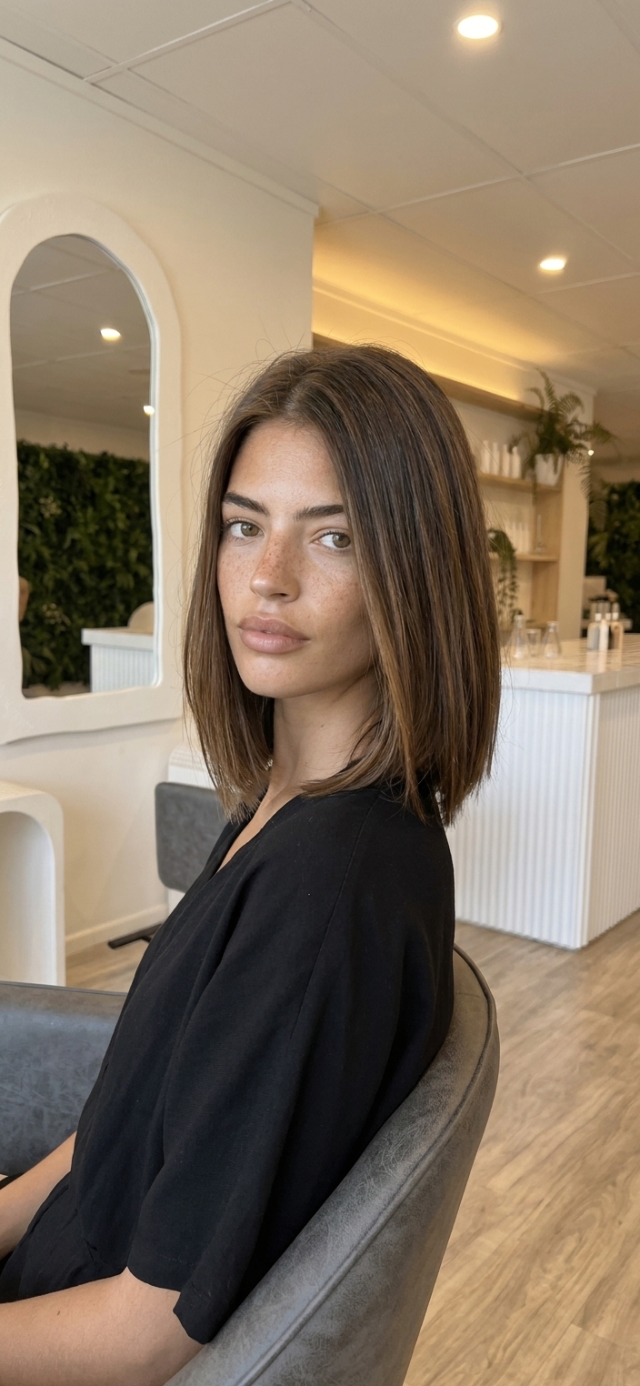 Dark brown lob, polished blowdry